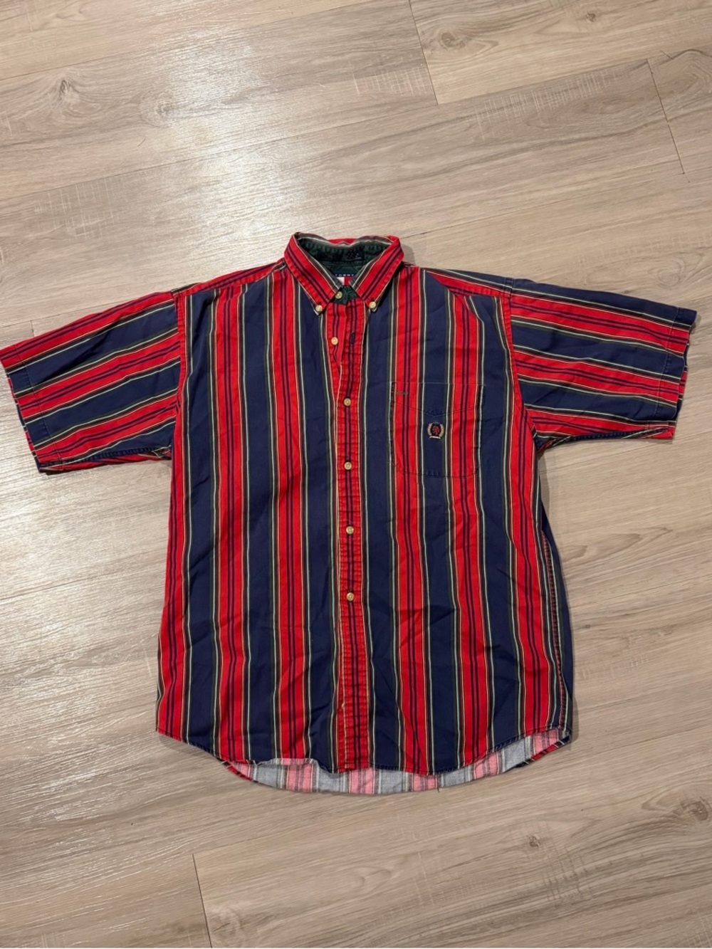Vintage Tommy Hilfiger Red & Navy Striped Short-Sleeve Button-Down Shirt